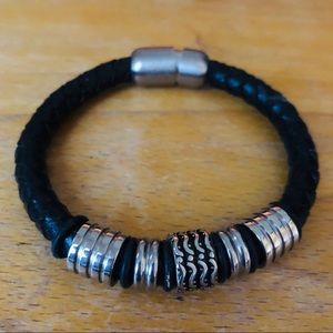 UNISEX BLACK LEATHER ROPE BIKER BRACELET
